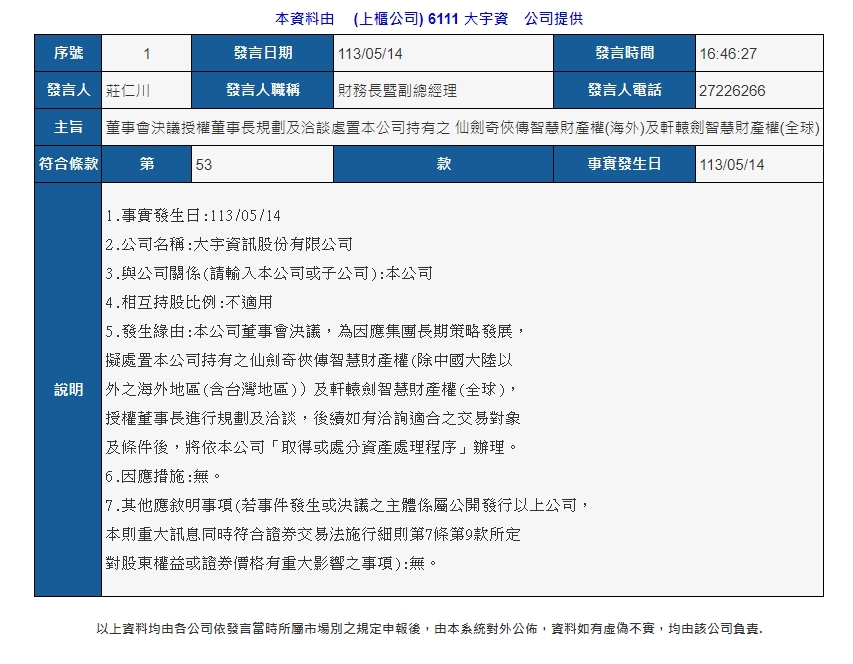 大宇计划出售《仙剑奇侠传》海外地区IP版权