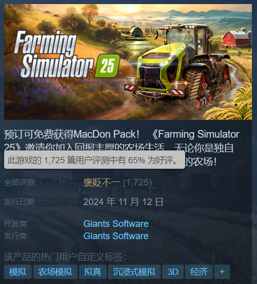 《模拟农场25》Steam评价褒贬不一首发好评率65%1