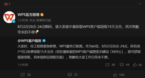 《WPS Office》因服务故障补偿15日会员详情介绍